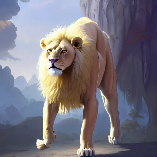 Image similar to commission of an anthro albino lion wearing golden victorian armor, game design fanart by concept artist gervasio canda, behance hd by jesper ejsing, by rhads, makoto shinkai and lois van baarle, ilya kuvshinov, rossdraws global illumination radiating a glowing aura global illumination ray tracing hdr render in unreal engine 5, dramatic