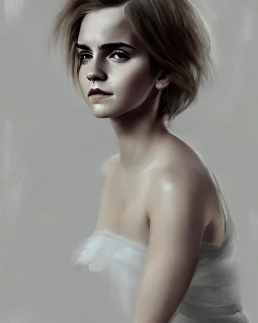 Image similar to detailed digital painting of a emma watson, half body portrait, by luang huahue, sharp details, soft brushstrokes, subsurface scattering, warm lighting