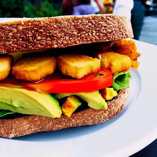 Image similar to sandwich with fried tofu, also one tomato slice, two onion rings, avocado and cheddar, over a dish, with a sunset background and saturn and stars in the sky, amazing light