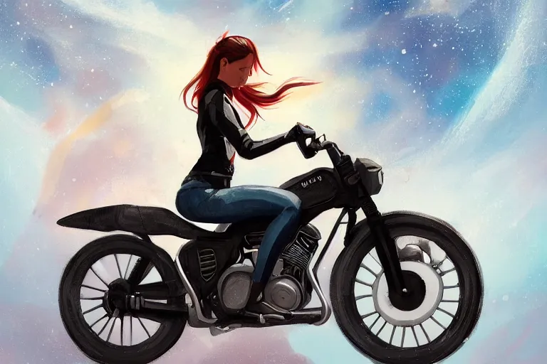 Image similar to a girl is riding a motorbike, digital painting, artstation, the space background,concept art, illustration,