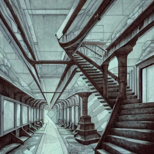 Image similar to a rotten fungus mushroom clump in a bright white hallway with many doors and stairs, Mc Escher architecture, epic composition, decay, by Makoto Shinkai