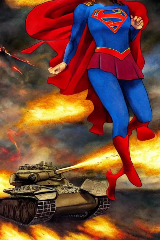 Image similar to a dramatic scene of supergirl leaping onto a tank and smashing it, on a battlefield, smoke, fires, explosions, comic art by jim burns, close - up, low angle, wide angle, highly detailed