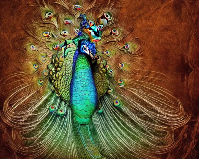 Prompt: dragon ( ( ( ( peacock ) ) ) ). intricate, centered, amazing composition by amano yoshitaka, by rembrandt 1 6 6 7, illustrious makinami, digital art, digital painting, artstation trending, unreal engine, beautiful light and shadows, matte, fractal flame, transparent jellyfish, transparent feathers, bio luminescent, ice, water