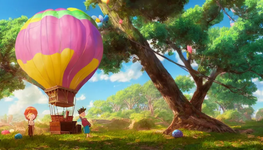 Image similar to a colorful easter egg as hot air balloon, beautiful ancient trees, hiding large treasure chest, serene evening atmosphere, soft lens, soft light, cel - shading, animation, in the style of cgsociety, deviantart, artstation, zbrush, cinema 4 d, studio ghibli, akihiko yoshida, atelier lulua, masamune shirow