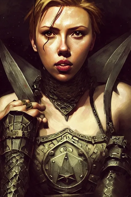 Image similar to scarlet johansson, legendary warrior, heroic fighter, dungeons & dragons, tattoos, decorative ornaments, battle armor, by carl spitzweg, ismail inceoglu, vdragan bibin, hans thoma, greg rutkowski, alexandros pyromallis, perfect face, detailed, sharply focused, centered, rule of thirds, realistic shading