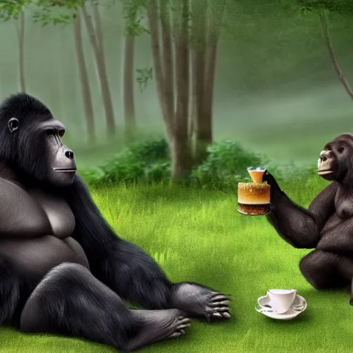 Prompt: bear and gorilla having a tea party in the middle of the woods, hyper realistic, 4 k, hd, highly detailed