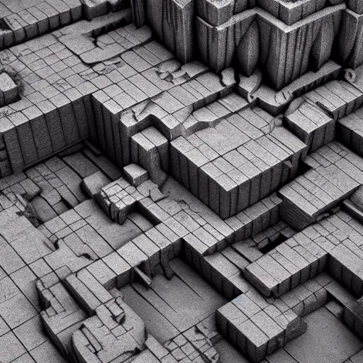 Image similar to inception lovecraft city carved from rock underground another inverted upside down above, hyper realistic realism photorealistic voxel octane render 8 k, cinematic warm volumetric lighting