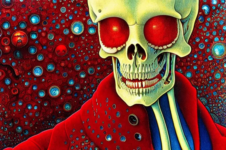 Image similar to realistic detailed closeup portrait painting of a single skeleton wearing red velvet blazer in a crowded futuristic moscow street by Jean Delville, Amano, Yves Tanguy, Alphonse Mucha, Ernst Haeckel, Edward Robert Hughes, Roger Dean, rich moody colours, blue eyes