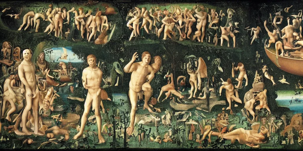 Prompt: leonardo di caprio being cut in half, in the style of bosch's garden of earthly delights