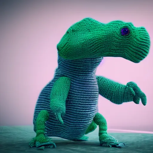 Image similar to super cute dinosaur made out of sweaters and yarn octane rendering vivid cinematic lighting 4 k