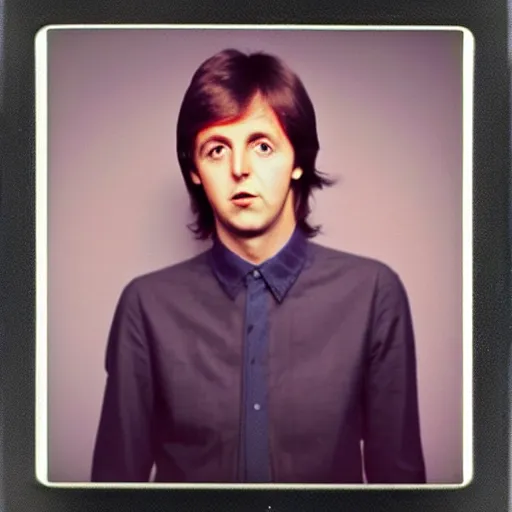 Image similar to Polaroid Portrait of a younger 1970s Paul McCartney, taken in the 1970s, photo taken on a 1970s polaroid camera, grainy, real life, hyperrealistic, ultra realistic, realistic, highly detailed, epic, HD quality, 8k resolution, body and headshot, film still, front facing, front view, headshot and bodyshot, detailed face, very detailed face, by Andy Warhol