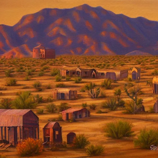 Prompt: an oil painting of a wild west ghost town in the sonora desert by frank maggiori, golden hour, sunlight