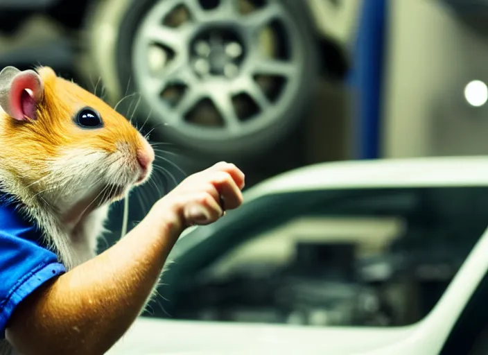 Image similar to film still of a hamster working as a mechanic in an auto shop, 8 k