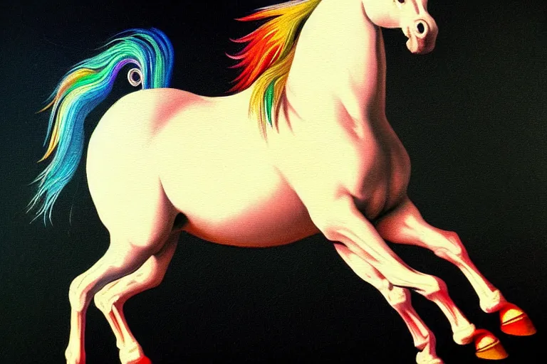 Prompt: detailed traditional painting of a unicorn walking on a rainbow, ( ( rainbow ) ) by caravaggio, authentic, masterpiece, brush strokes, trending on artstation