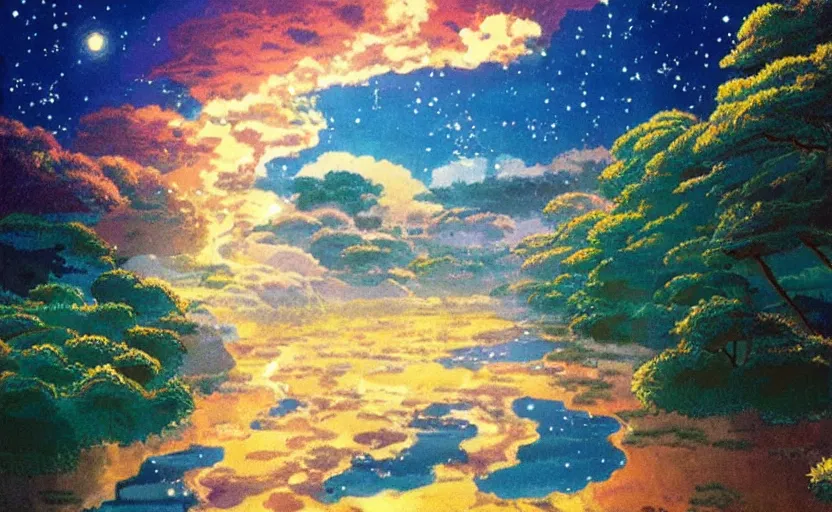 Image similar to A painting named A river of light that leads to God in colaboration with Studio Ghibli,