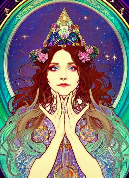 Image similar to fantastic portrait of a beautiftul witch pray with some shinny star, cloak, royally decorated crystal gemstones, symmetrical face, art nouveau, portrait, cute, yoneyama, alphonse mucha, detailed background, artstation, intricate, elegant, highly detailed, colorful, maximalist