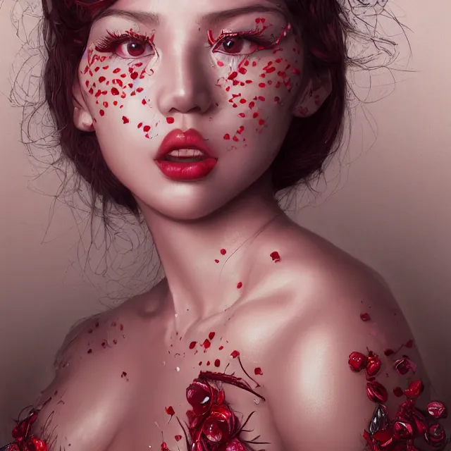 Image similar to studio portrait of absurdly beautiful, elegant, young gravure idol made of rubies and red gems, ultrafine hyperrealistic detailed face illustration by kim jung gi, irakli nadar, intricate linework, sharp focus, bright colors, matte, octopath traveler, final fantasy, unreal engine highly rendered, global illumination, radiant light, intricate environment