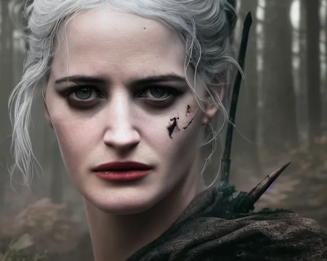 Image similar to 5 5 mm portrait photo of a real life tough looking eva green as ciri with ashen hair and a large scar along her left cheek, in a magical forest. dark atmosphere. art by greg rutkowski. highly detailed 8 k. intricate. lifelike. soft light. nikon d 8 5 0.