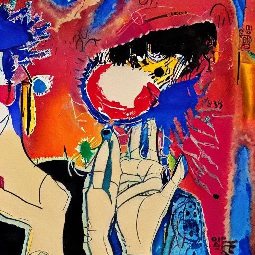 Image similar to watercolor painting of a closeup of two bizarre psychedelic women kissing in japan in winter, speculative evolution, mixed media collage by basquiat and jackson pollock, maximalist magazine collage art, sapphic art, psychedelic illustration