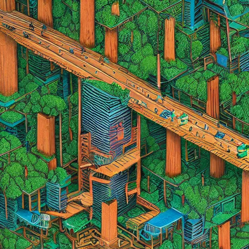 Image similar to Isometric view of a society living on multiple tree houses connected by bridges, intricate, illustration, hyper detailed, detailed