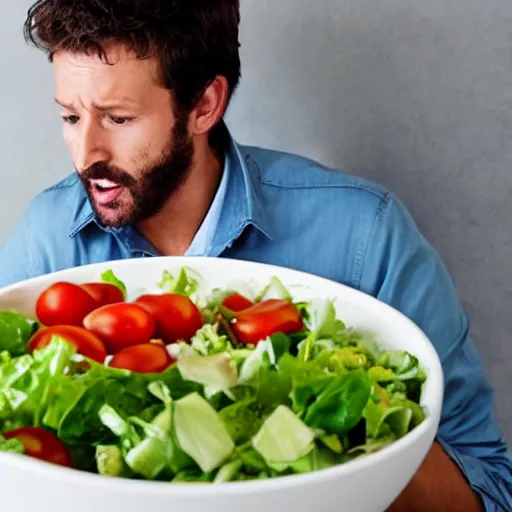 Image similar to A man arguing loudly with a bowl of salad