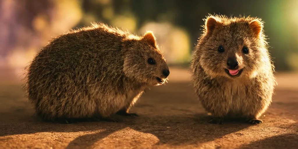 Prompt: Portrait of a happy quokka, splash art, movie still, cinematic lighting, dramatic, octane render, long lens, shallow depth of field, bokeh, anamorphic lens flare, 8k, hyper detailed, 35mm film grain