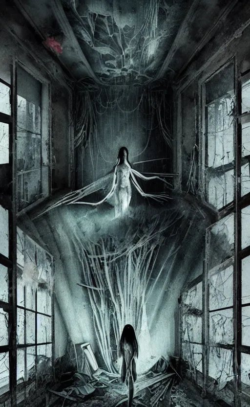 Image similar to vertical movie frame portrait of girl inside abandoned bedroom, ominous backrooms at distance seen through big broken shattered window, giger interior design, architectural design, vintage, liminal aesthetic, dreamcore, weirdcore, clean lines, wide angle, by wayne barlowe, tsutomu nihei, zdzislaw beksinski,