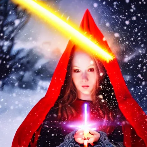 Image similar to red headed woman dressed in dark blue wizard robes holding a wooden staff covered in glowing red runes topped with a glowing gem. background of snowy mountains. fantasy painting.