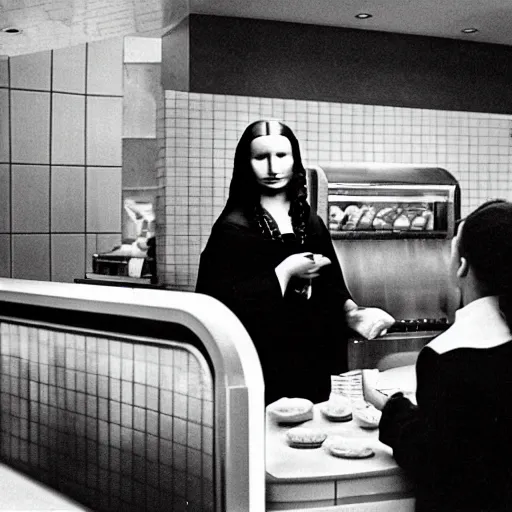 Prompt: mona lisa ordering a food at the counter at a mcdonalds, award - winning photography