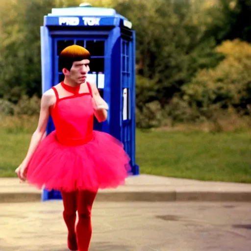 Image similar to color photo of spock in a tutu exiting the tardis