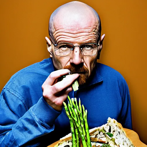 Image similar to walter white eating asparagus, photography