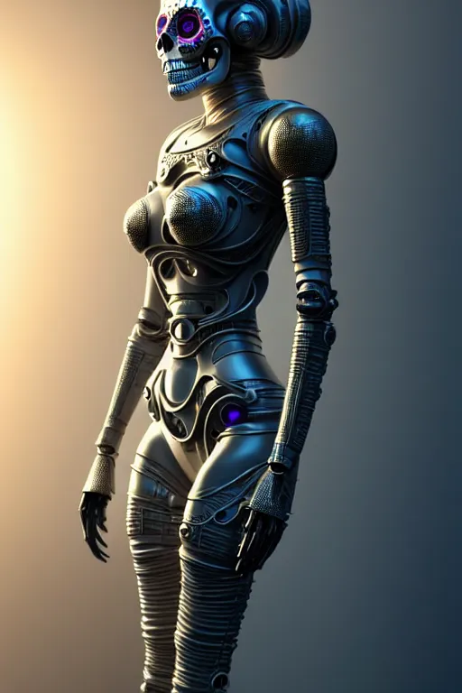 Image similar to ultra detailed Female Android, scifi, fantasy, octane render, (dia de los muertos), intricate details, asymmetrical, movie still, concept art, smooth, Unreal Engine 5, Photorealism, 8k, cinema 4d, 3D, art by artgerm and Godmachine and michael welan and DZO and greg rutkowski and alphonse mucha and loish and WLOP