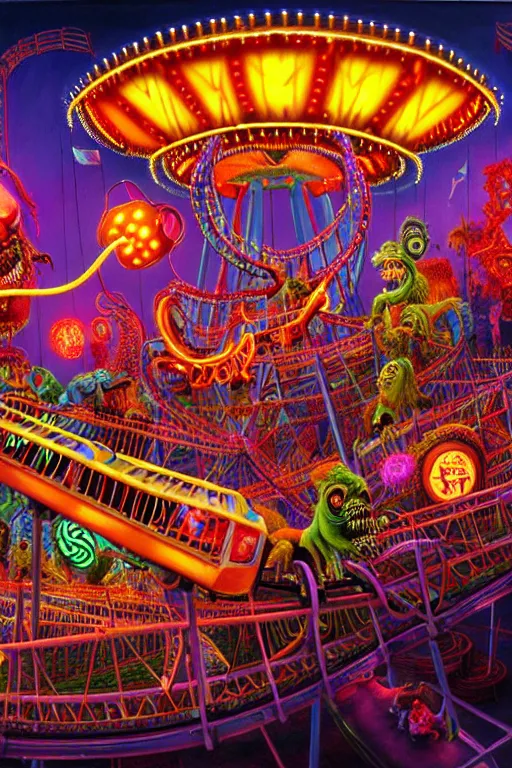 Image similar to a hyperrealistic detailed painting of an ornate carnival with glowing lights, colorful, chimeric mutant horror creatures riding a rollercoaster. scary funhouse, cinematic lighting, depth perspective, depth of field, cinematic angle, by chris cunningham and richard corben, highly detailed, vivid color,