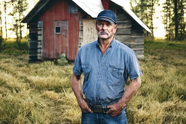 Prompt: a headshot portrait of a farmer, stood outside a wooden cabin, ultra realistic, dramatic lighting