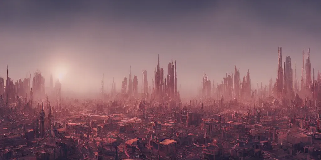 Prompt: cinematic, dystopian Disney Land inspired megacity under a bleeding sun towering above the climate change migrant crisis by Godmachine, depth of field, misty, hyper realistic, digital painting, 8k, 35mm film grain, octane render