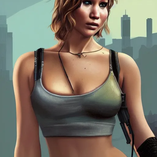 Image similar to jennifer lawrence in gta v, cover art by stephen bliss, intricate detail, trending on artstation