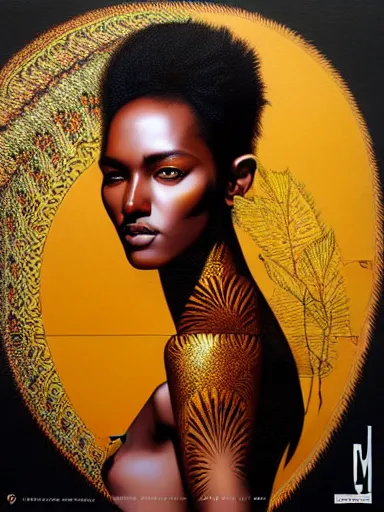 Prompt: a portrait of ethiopian supermodel with a floral background by karol bak, artgerm, moebius, yoji shinkawa : : portrait, illustration, photorealism, hyperrealism