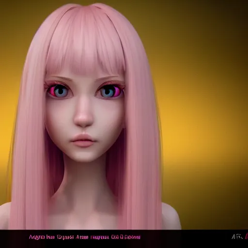 Image similar to A 3d cgi toon young woman with long pink hair, full bangs, amber eyes, pale skin, Chinese, medium shot, mid-shot, soft focus, 4k, trending on artstation