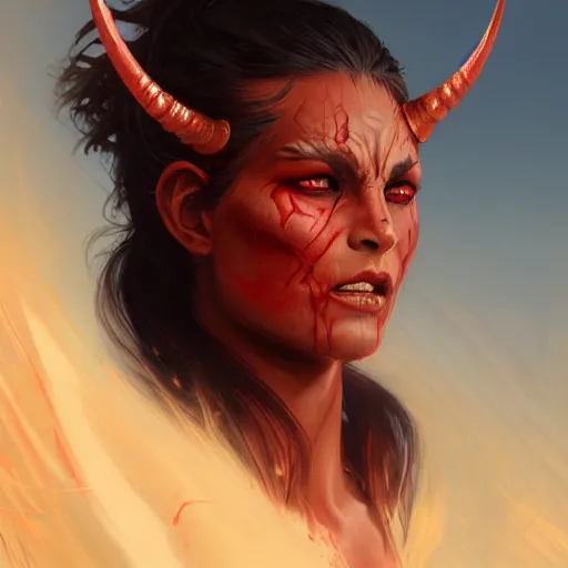 Prompt: portrait of a strong furious female berber tiefling barbarian with red skin, devil horns and black hair in a ponytail in a desert, fantasy, highly detailed, digital painting, artstation, concept art, character art, art by greg rutkowski and tyler jacobson and alphonse mucha