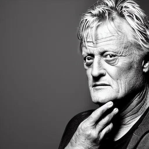 Prompt: award-winning portrait photo of Rutger Hauer, black background, dramatic lighting