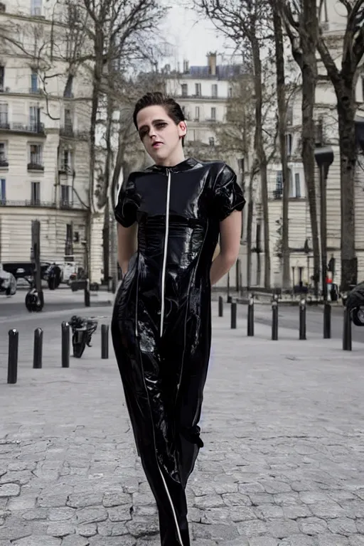 Image similar to kristen stewart wearing the irma vep catsuit, photographed on the street in paris, portrait