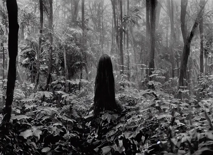 Image similar to a female model with long black hair, emerging from a dense misty jungle wearing camouflage by yohji yamamoto, in the style of daido moriyama, 3 5 mm film, camera obscura, double exposure