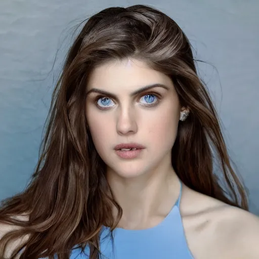Image similar to a beautiful close - up shop of alexandra daddario, beautiful symmetric clear blue eyes, beautiful natural light failling on her face, golden hour, by annie leibowitz