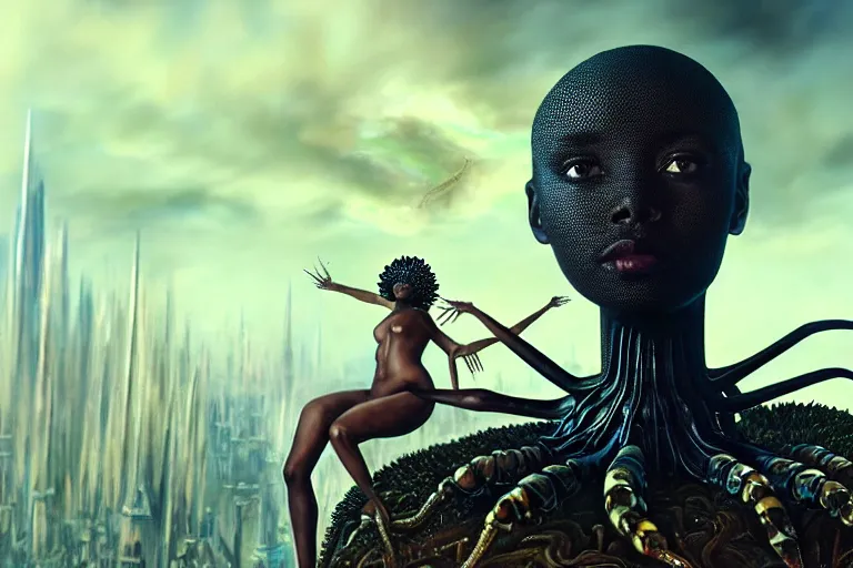 Image similar to realistic detailed closeup portrait movie shot of a beautiful black woman riding a giant spider, dystopian city landscape background by denis villeneuve, amano, yves tanguy, alphonse mucha, max ernst, ernst haeckel, edward robert hughes, roger dean, cyber necklace, rich moody colours, sci fi patterns, wide angle