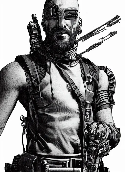 Image similar to menacing bearded cyberpunk mercenary in tactical harness and jumpsuit. dystopian. portrait by stonehouse and mœbius and will eisner and gil elvgren and pixar. realistic proportions. cyberpunk 2 0 7 7, apex, blade runner 2 0 4 9 concept art. cel shading. attractive face. thick lines.