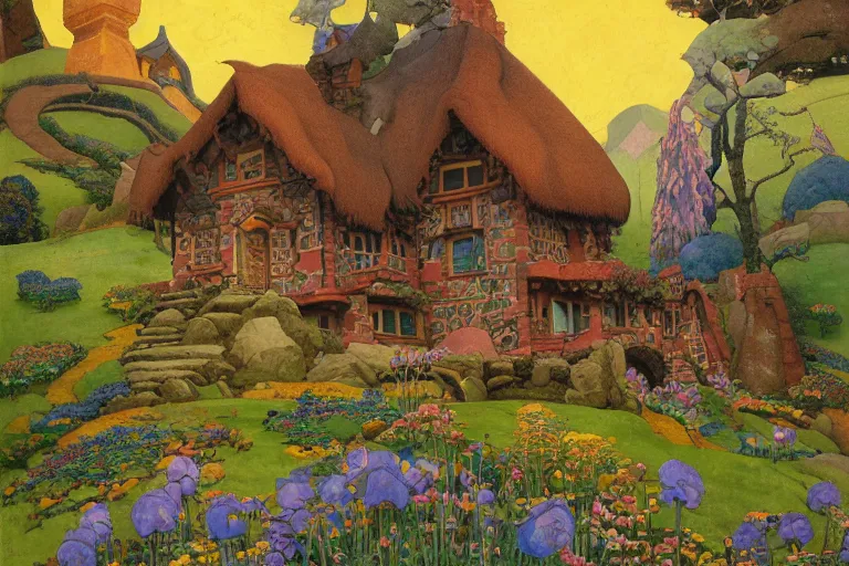 Image similar to the enchanted cottage and gardens of a wise woman on a mountaintop, dramatic cinematic lighting, folk-art carved painted wood house, rich colors, fairytale illustration, by Nicholas Roerich and William Dyce and ford madox brown and April Gornik and Caspar David Friedrich and Diego Rivera and Tyler Edlin and Ivan Bilibin