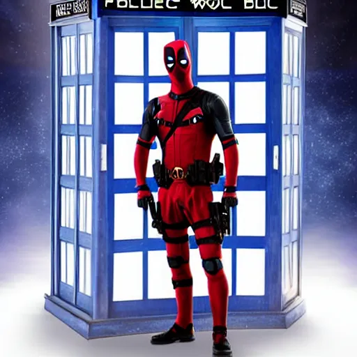 Prompt: Deadpool in the TARDIS, doctor who, sci fi, tv show, BBC,