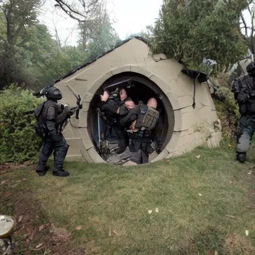 Prompt: swat team raid on a hobbit hole in the shire