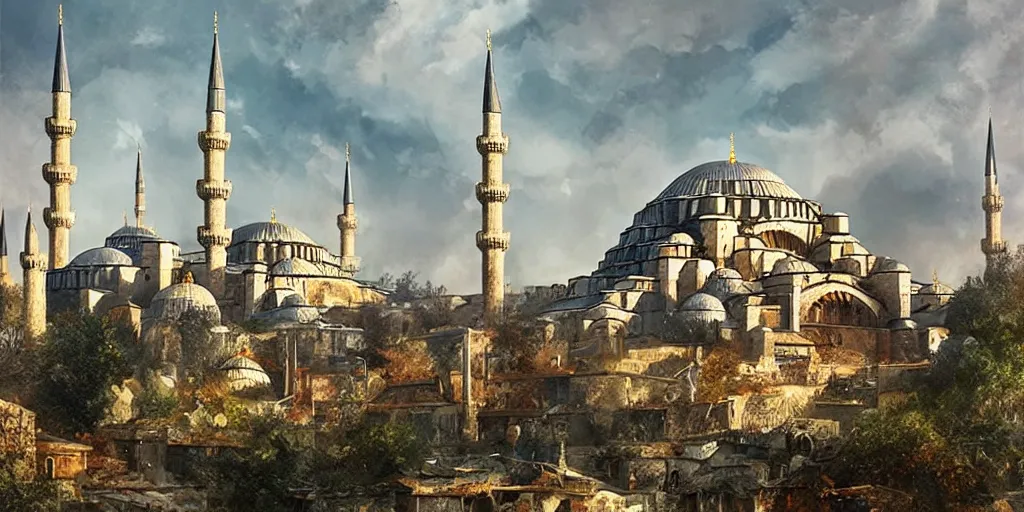 Prompt: medieval istanbul scenery landscape, lord of the rings,, rule of thirds, highly detailed, perfect lighting, perfect composition, 4 k, artgerm, derek zabrocki, greg rutkowski