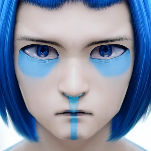 Image similar to japanese male android, pretty plastic face, blue hair, blue eyes, cute humanoid robot, face focus, realistic anime style